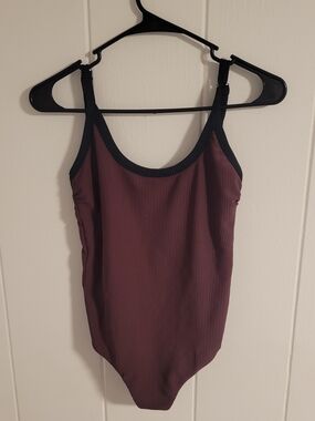 Brown Ribbed One-Piece Swimsuit with Black Trim - Small